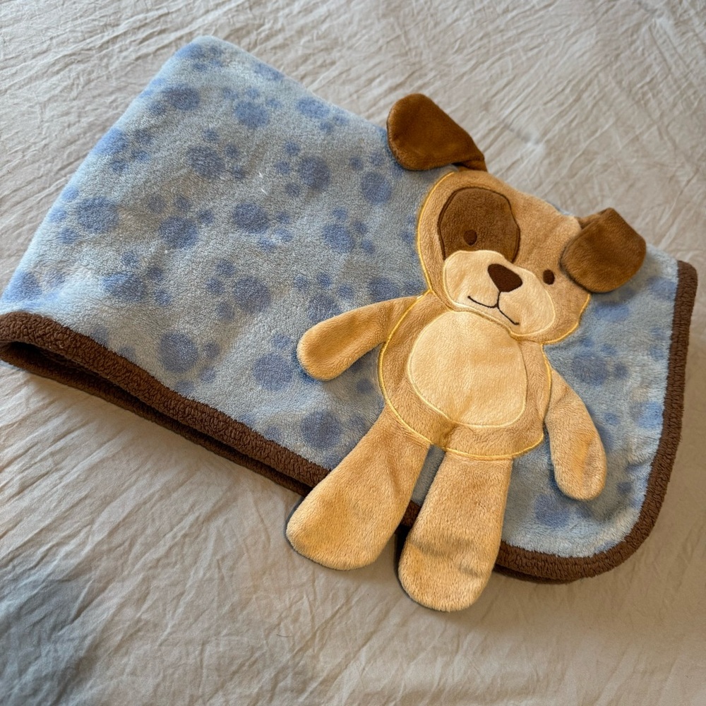 Toys R Us Beige Puppy Dog Baby Blanket Blue Paw Print 3D Ears Legs Security